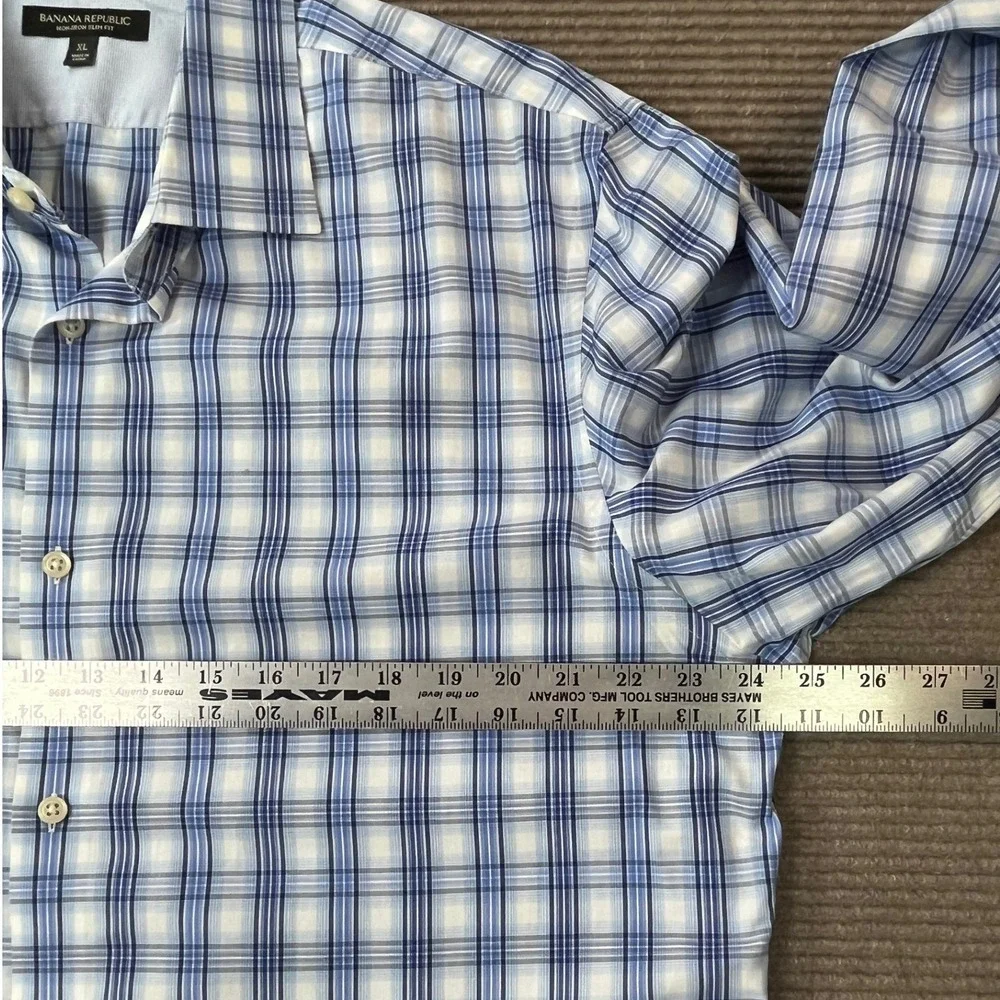 Banana Republic Men XL Blue White Plaid Non-Iron Slim Fit Cotton Button Up Shirt